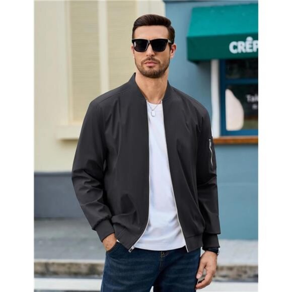 Mens Bomber Jacket Lightweight Windbreaker Fall Spring Casual Zip Up Outwear Coa - Picture 2 of 7